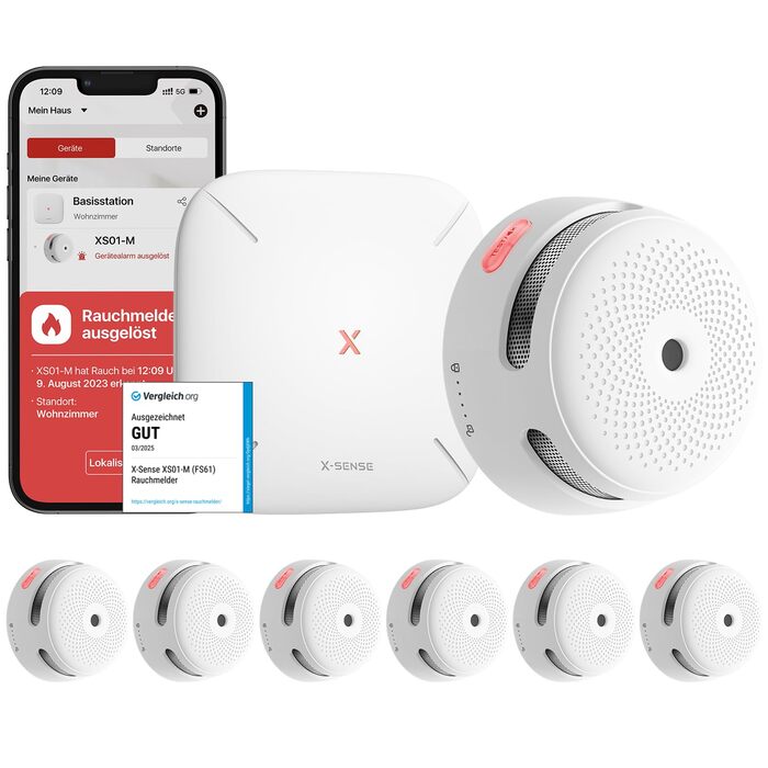 X-Sense комплект димових датчиків з базовою станцією SBS50 (6 шт.), сертифікований EN 14604, Wi-Fi, сумісний з додатком X-Sense Home Security, білий