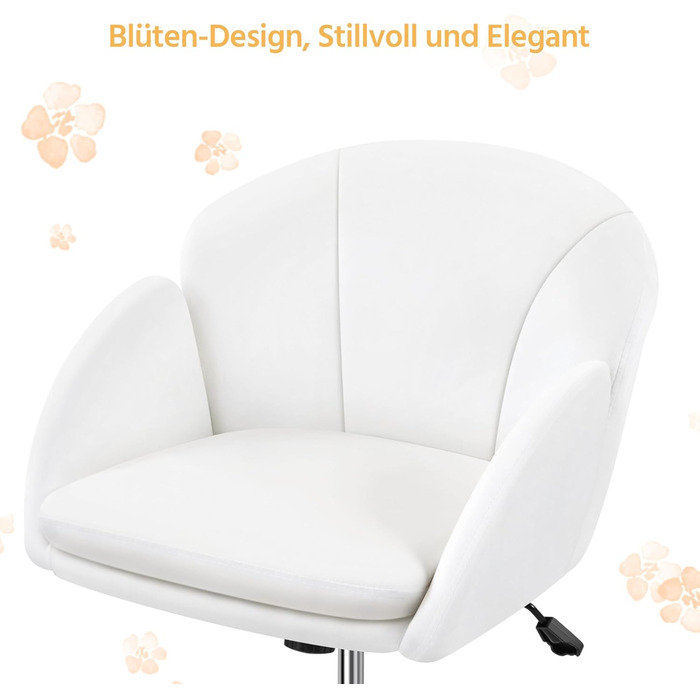 Крісло Yaheetech для дому та офісу: крісло для макіяжу, крісло для робочого столу, регульоване по висоті, поворотне, до 136 кг, з підлокітниками та спинкою, для спальні, офісу, вітальні, біле, велюрове