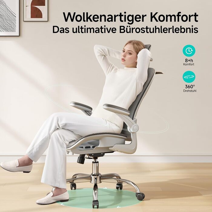 Офісне крісло LarkLeaves з ергономічною спинкою, регульованими підлокітниками, підставкою для попереку та підголівником. Максимальне навантаження 140 кг, сірий колір.