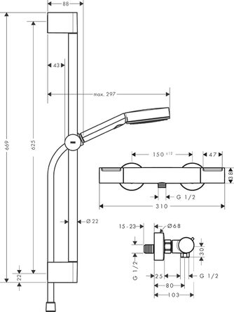 Змішувач Hansgrohe Ecostat Element для ванної кімнати з термостатом (SafetyStop 40°C), для 2 споживачів, комплект з душовою лійкою та штангою 65 см (Mattschwarz)