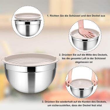 Набір мисок Homikit: 5 мисок з нержавіючої сталі з кришками та силіконовим дном, мультифункціональні, складані, придатні для миття в посудомийній машині, 6.6L / 3.5L / 2.5L / 1.5L / 1L (Хакі, з 3 тертками)