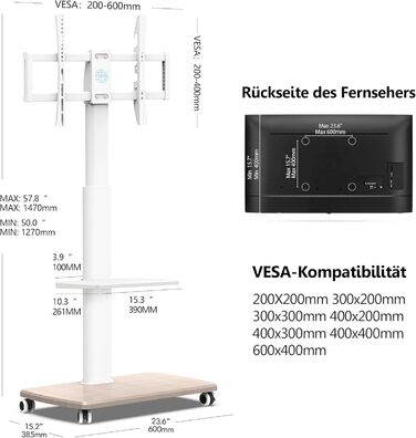 Підлогова підставка для телевізора FITUEYES Rollbar з дерев'яною полицею, регульована по висоті, від 32-70 до 40 кг, біла