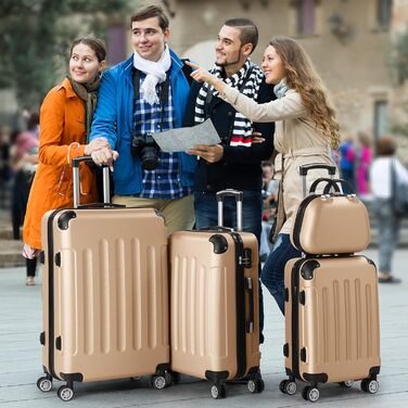 Набір валіз LALAHO 4 шт. з косметичками, з ABS пластику, золотий колір, для подорожей, ручна поклажа