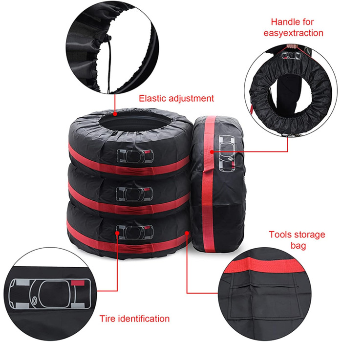 Набір чохлів для шин Geloo 4 шт. Водонепроникні, пилонепроникні, для зберігання та транспортування (діаметр 80 см, 13-17 дюймів, червоний)