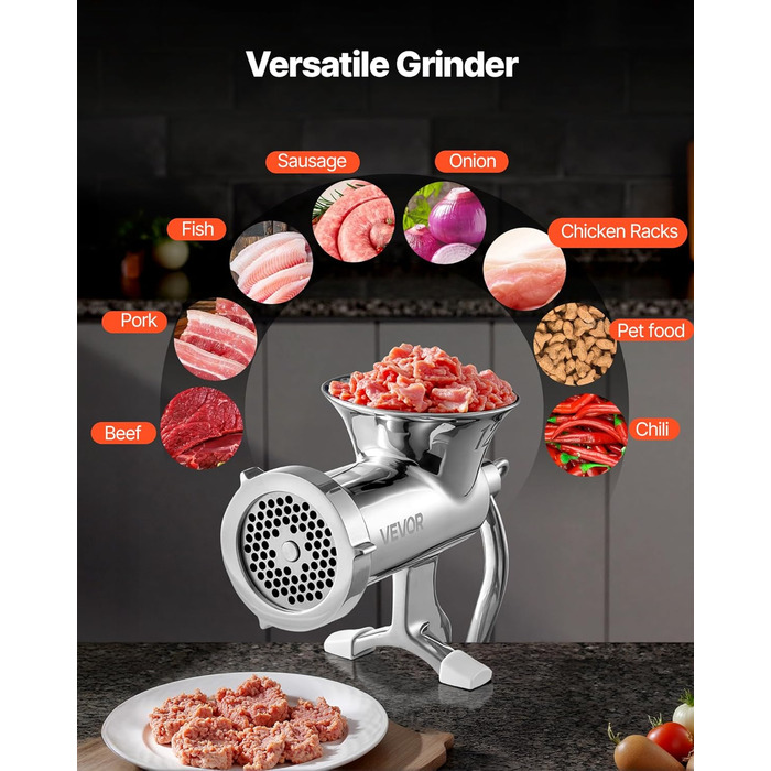 М'ясорубка ручна VEVOR з нержавіючої сталі 304, диски 4.5/8 мм, для фаршу та ковбас, 38 см, срібляста