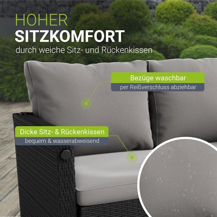 Набір садово-розкладних меблів Juskys Jamaika 2в1: стіл та садова лаунж-група - для балкона, саду, тераси. Чорний поліротанг