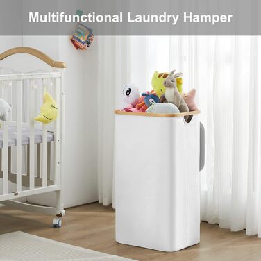 Кошик для білизни Youdenova з кришкою 85л, бамбук та дерево, сортувальник для білизни, великий, складний, білий