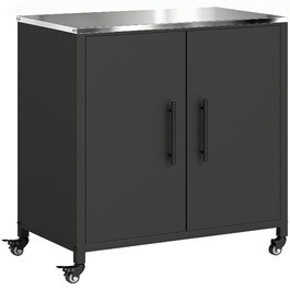 Садовий шафка з полицею для рослин та ящиком для інструментів з робочою поверхнею з нержавіючої сталі, знімною кришкою, магнітною полицею та двома дверцятами на колесах.