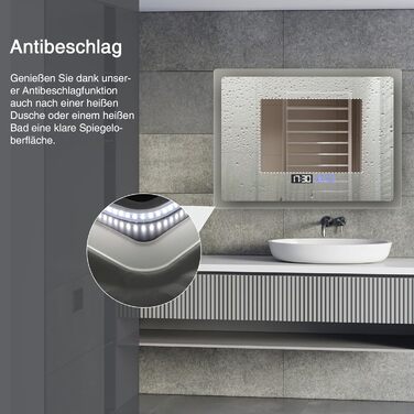 Дзеркало для ванної кімнати YU YUSING з підсвічуванням 80x60 см, LED, 3 кольори світла, регулювання яскравості, антизапар, сенсорне управління, таймер, загартоване скло, IP44, прозоре