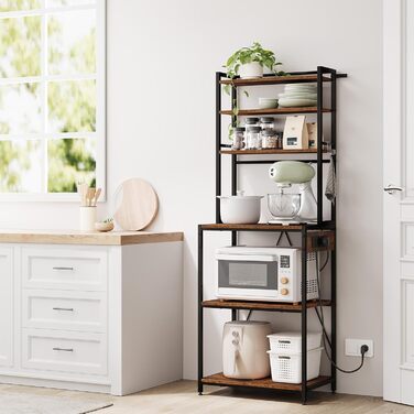 Кухонна полиця WOLTU з 6 ярусами, з розетками, мікрохвильова полиця з 6 гачками, полиця пекаря з металевим каркасом, регульовані полиці, Чорний+Рустикальне коричневий, 60 x 167 x 40 см