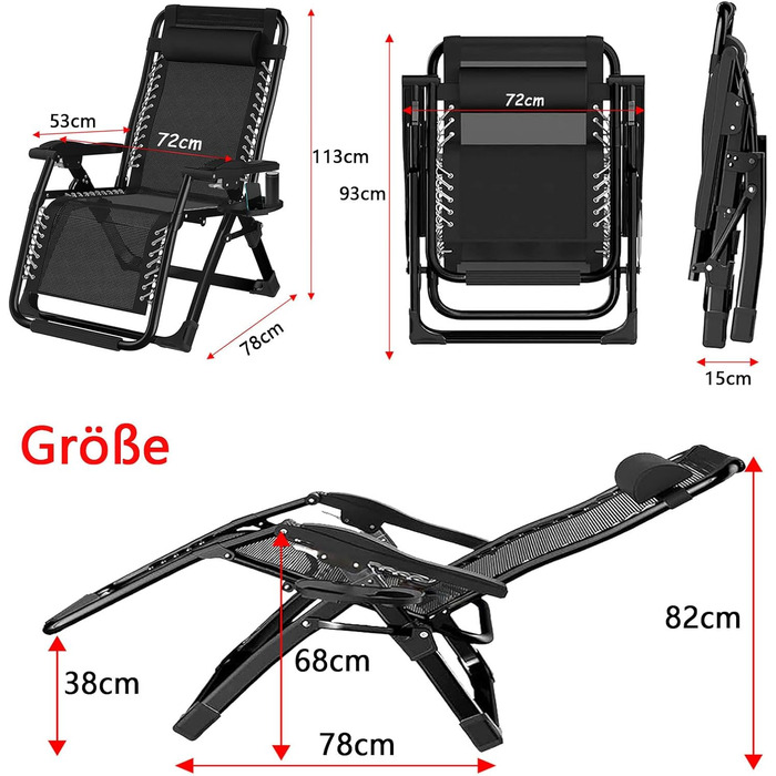 Розкладний шезлонг для саду та відпочинку на природі – ідеальний вибір для кемпінгу та відпочинку. Максимальне навантаження: 200 кг, колір: чорний, висота спинки: 72 см.
