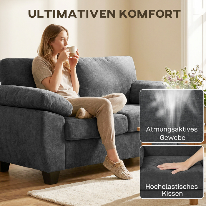 Двомісний диван, 156 см, м'який честерфілд з товстими пружинними подушками, широкими м'якими підлокітниками, вантажопідйомність 300 кг, темно-сірий