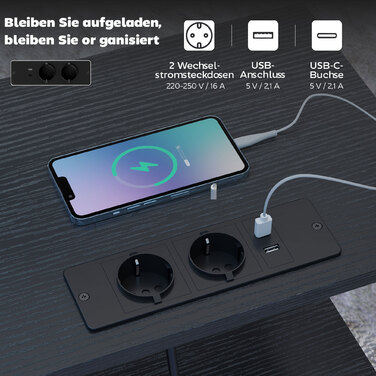 Журнальний столик-приліжкові з підзарядною станцією, сталевий каркас, USB-C порти, ящики, гачки, розміри 40x30x60 см, чорний