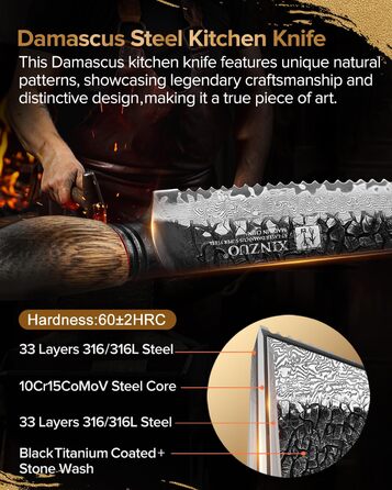 Ніж кухарський XINZUO Damaststahl серії Mo, 19.3 см - професійний, з лезом з дамаської сталі, кухонний ніж, мультифункціональний, з ергономічною ручкою з білого дуба