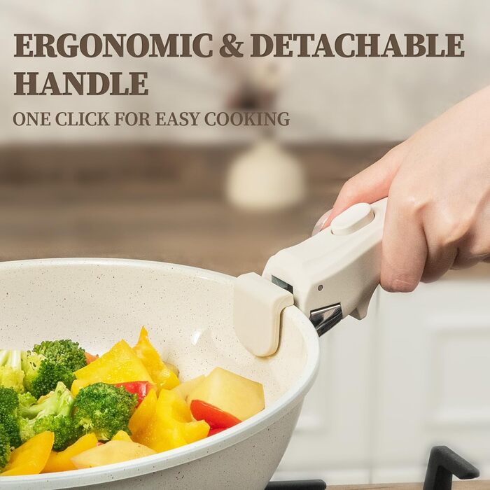 Набір каструль та сковорідок з керамічним покриттям 23 частини. Антипригарне покриття, знімні ручки, підходить для всіх плит, духовка, без PFAS, PTFE, PFOA. Кремово-білий колір.