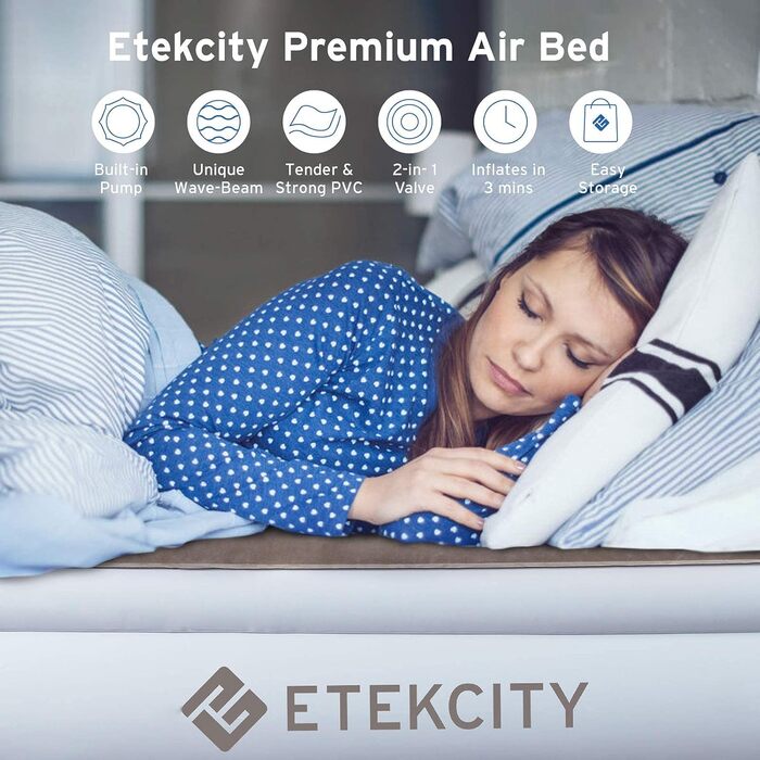 Надувне ліжко Etekcity EAM-ET2/EAM-DQE1: односпальне, для кемпінгу, 203x152x46 см, біле/коричневе