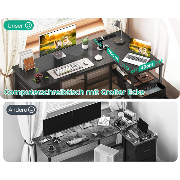 Комп'ютерний стіл Coleshome L-подібний з висувними ящиками з тканини, USB-порт та розетка, для дому та офісу (Чорний, 140x70 см)