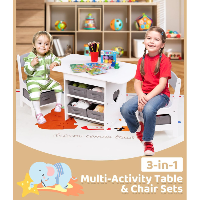 Дитячий стіл зі стільцями, ігровий стіл для дітей з місцем для зберігання. Набір меблів для дитячої кімнати (Сірий)