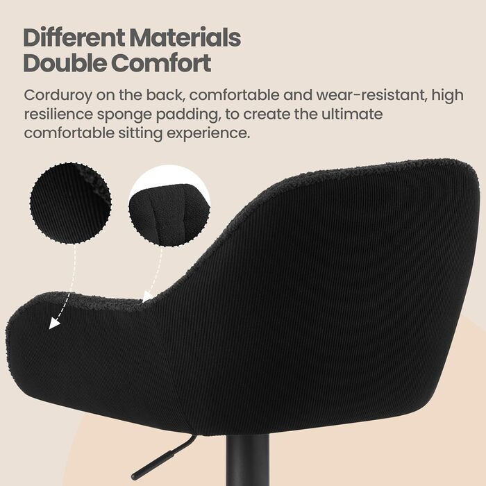 Набір з 2 барних стільців WOLTU, регульована висота, з підніжкою, обертаються, з м'яким сидінням, чорний, метал, Chenille Cord