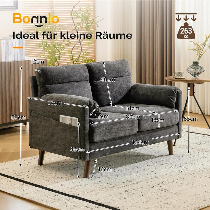 Диван Bonnlo 2-місний, компактний, 125 см, тканинний, сірий. Для офісу, вітальні, спальні, кабінету. Легка збірка, льон.