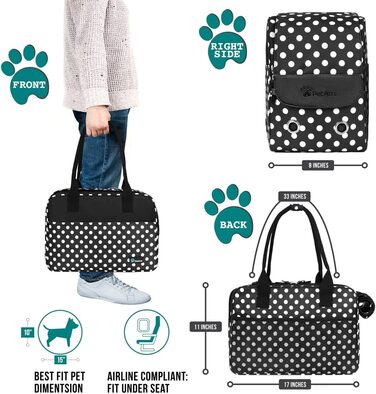 Схвалена авіакомпанією сумка для собак PetAmi, М'яка бічна сумка для перенесення маленьких собак, кішок, цуценят, кошенят, вентиляційна дихаюча сітка, ліжко для шерпів (в горошок) чорного кольору Один розмір (упаковка з 1) чорний