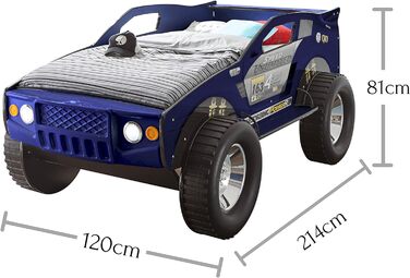 Автомобільне ліжко JEEP зі світлодіодним освітленням 90 x 200 см - Захоплююче та високе автомобільне ліжечко для маленьких гонщиків - 127 x 96 x 219 см (Ш/В/Г) (синій)