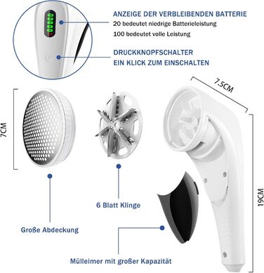 Бритва для ворсу електрична, LED, кабель 1,8м, 2 висоти, 3 запасних леза, для одягу/дивана/килима, Bianco