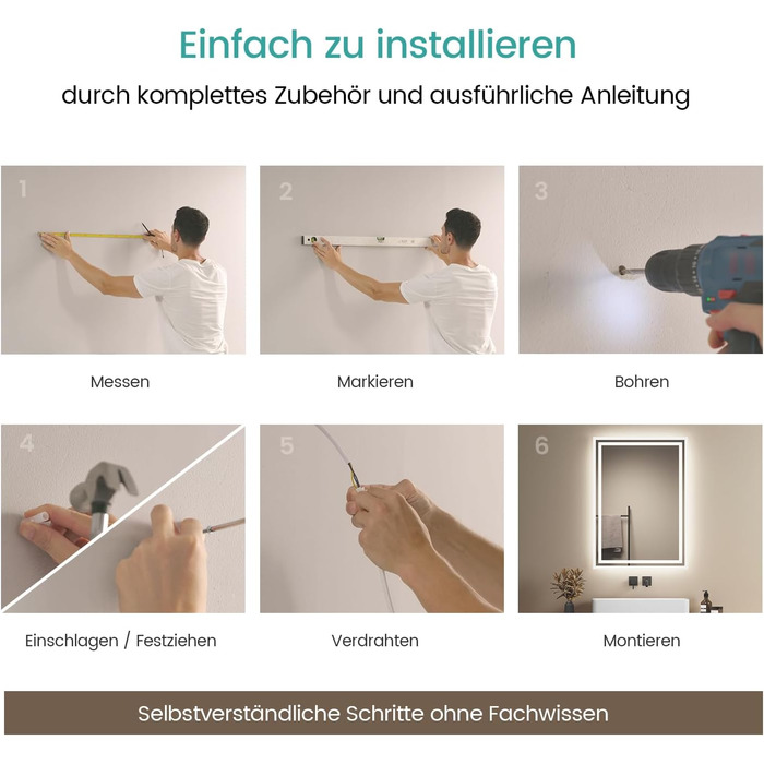 LED дзеркало для ванної кімнати EMKE 40x60 см з підсвічуванням, антизапарювання, регулювання кольору світла, сенсорне керування, алюмінієва рама, IP44, енергозбереження