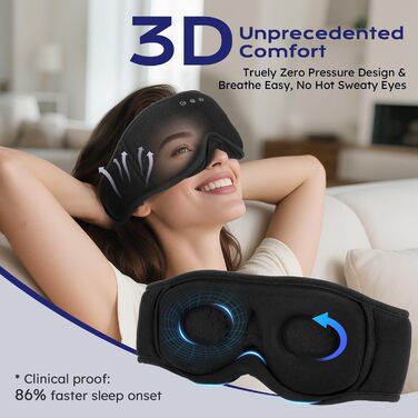 Маска для сну з навушниками Bluetooth 3D LC-Dolida для жінок та чоловіків, повна світлоізоляція, комфорт протягом усієї ночі, м'які навушники для сну під час подорожей, чорний колір