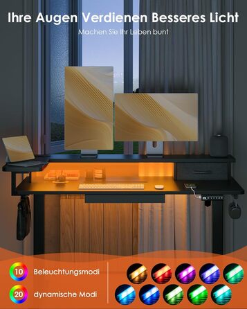 Регульований стіл OffiGo 140x60 см з L-подкоркой, USB-роз'ємом та висувною шухлядою. Чорний колір.