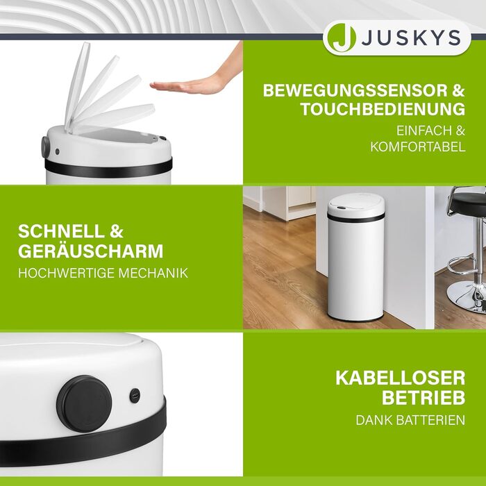 Відро для сміття Juskys з датчиком руху, 50 л - сталеве, з кришкою-затискачем для пакетів, кухонне