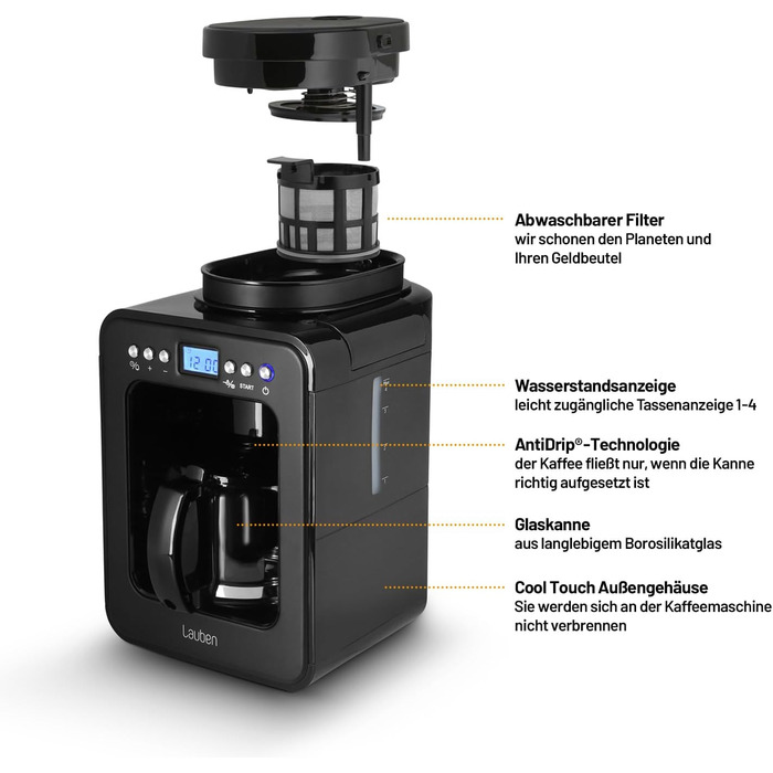 Кавоварка Lauben Grind&Drip 600BB, маленька кавоварка з вбудованою кавомолкою, фільтр, що миється, автоматичне відключення, протикрапельна технологія, ємність 4 чашки