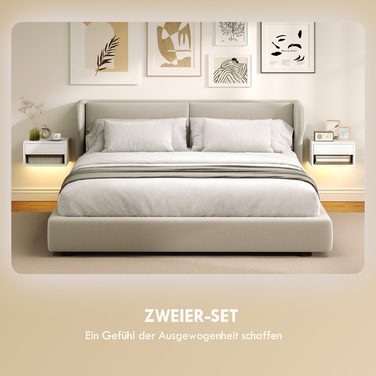 Набір з двох приліжних тумбочок з RGB-підсвіткою, приліжкові тумбочки з плавною конструкцією з висувним ящиком та відкритою полицею, білий