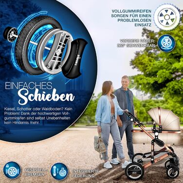 Дитяча коляска KIDUKU® 3 в 1 XXL Комплект | Комбінована коляска з люлькою, прогулянковим блоком та автокріслом | З підніжкою, сумкою для пеленання, підігрівачами для рук, дощовиком та столиком | З повного гуми | Відповідає стандарту ECE R129 (Бежевий / Мі