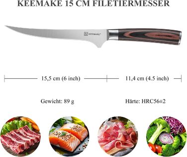 KEEMAKE Набір професійних кухонних ножів, ніж для філетування з високоякісної нержавіючої сталі, ергономічна ручка, 15 см