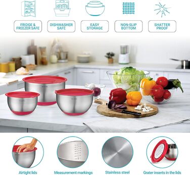 Набір місок для перемішування з кришками (5 шт.) - міски для зберігання продуктів з кришками та терткою - нержавіюча сталь, антиковзаюче покриття, для випічки та приготування їжі