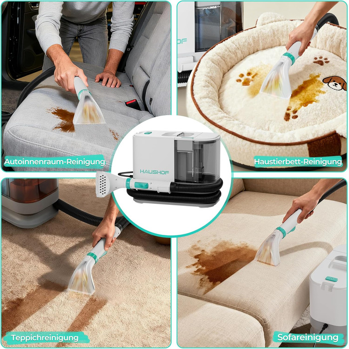 Портативний мийний пилосос для килимів та м'яких меблів HAUSHOF, 13 kPa, 2-в-1, тихий (≤77 dB)
