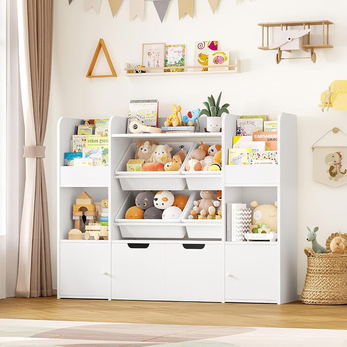 FOREHILL Дитяча полиця для іграшок та книжок, меблі для дитячої кімнати, полиця для дитячої з 2 ящиками на колесах, шафка для дитячих речей з 4 ящиками, 126x30x104 см (Білий/Рожевий)