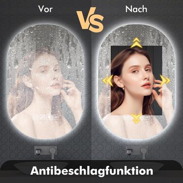 Дзеркало для ванної кімнати Worshow з підсвічуванням 50x70 см, прямокутне, LED, з антизапарюванням, Bluetooth, 3 режими кольору, таймер, пам'ять, сенсорне керування