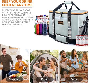 Велика сумка-холодильник складна, 65 Can Термальна сумка для пікніка, сумка-холодильник для ланчу, водонепроникна ізольована сумка для подорожей, пікніка, автомобіля, покупок (сірий), 48L
