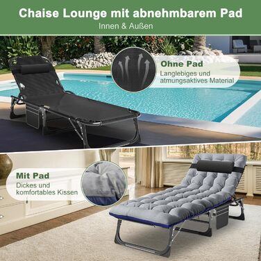 Розкладне ліжко – крісло, 200 кг, з матрацом, кишенями, регульованою спинкою та підголівником – для офісу, тераси, саду, кемпінгу та відпочинку (Сірий плюш)