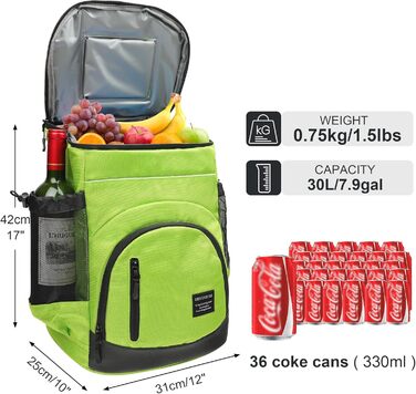 30L Рюкзак-холодильник великий, витокостійкий ізольований рюкзак для пікніка для чоловіків та жінок, термо-холодильник для пляжу, кемпінгу, відпочинку на природі, риболовлі, зелений