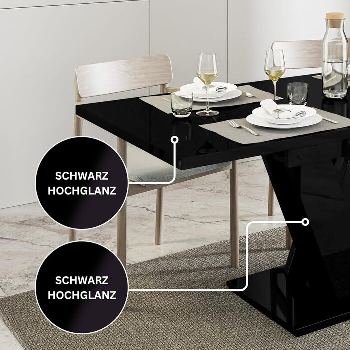 PROROOM FURNITURE Розсувний кухонний стіл Malvi – чорний глянцевий стіл 120-160 см для 4-6 осіб | Легка збірка | Для їдальні та кухні