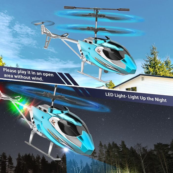 Радіокерований вертоліт Hubschrauber 2.4G з LED підсвіткою для хлопчиків та дорослих (від 12 років), 3.5 канали, гіростабілізатор, фіксована висота, автоматичний зліт, блакитний