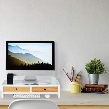 Підставка для монітора Relaxdays з бамбука, підставка під екран з 2 шухлядами та відділеннями, білий/натуральний, 60 x 30 x 14 см