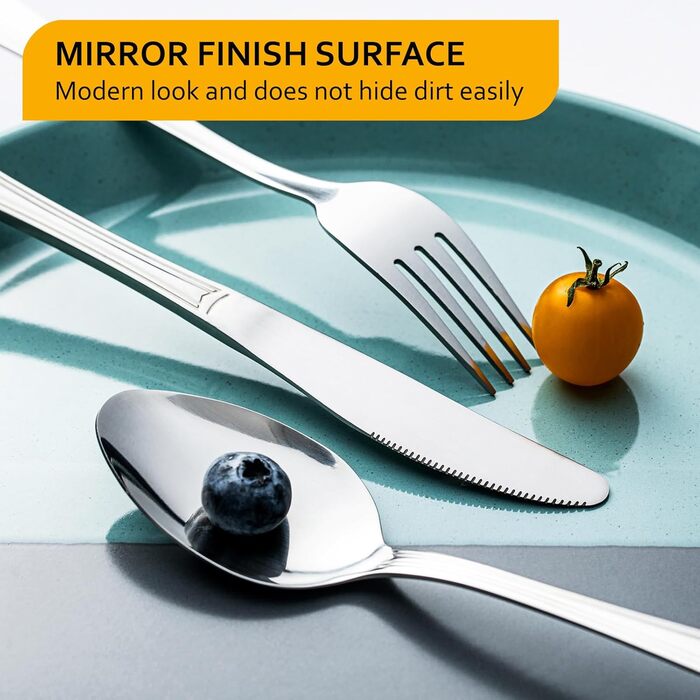 Набір столових приборів Velaze на 12 осіб (60 предметів) з нержавіючої сталі. Включає: 12 ножів, виделок, ложок, чайних ложок, виделок для тортів. Полірування, придатний для миття в посудомийній машині.