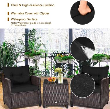 Набір садових меблів LIFEZEAL 3 предмети: 2 крісла та стіл з ротангу PE, чорний. Садовий комплект для тераси, балкона, саду з подушками