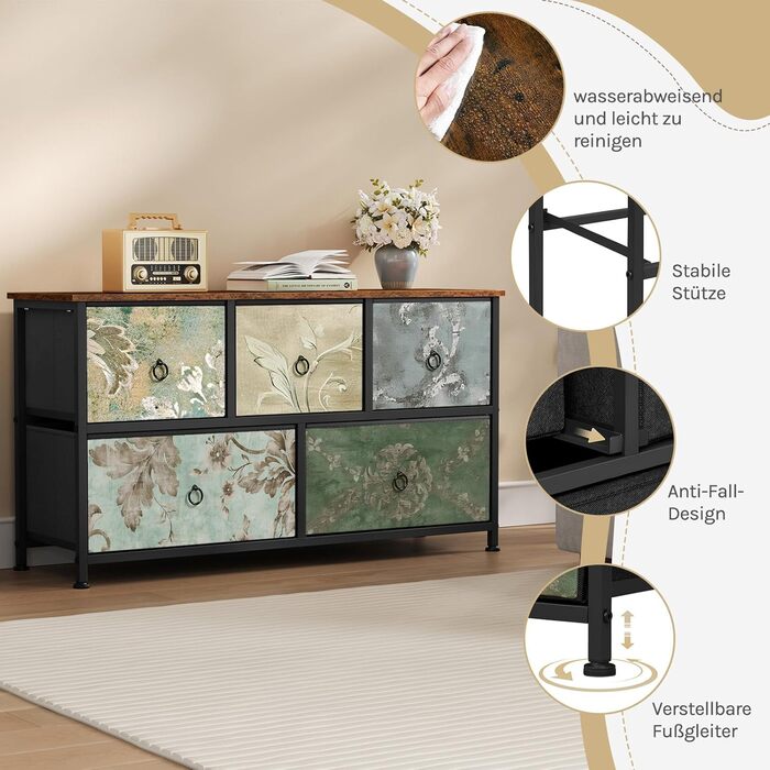 Комод WOLTU з 5 висувними ящиками з тканини, шафа-комод, тумбочка під ТБ, для вітальні, спальні, коридору, з металевим каркасом, ДСП, білий, SSK005ws. Білий (Рустикальний коричневий + чорний + вінтажний квітковий принт, 5 тканинних ящиків)