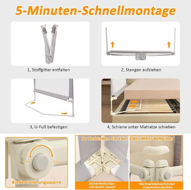 Бортики для ліжка дитячі 3 шт., захисні грати на ліжко для малюків (2x200 см + 1x180 см), сірі, складані