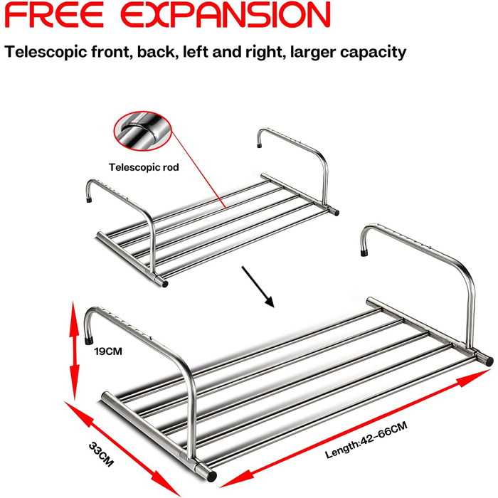 Висувна сушарка ANEWSIR, рушникосушка для балкона та опалення, нержавіюча сталь (42-66 см)